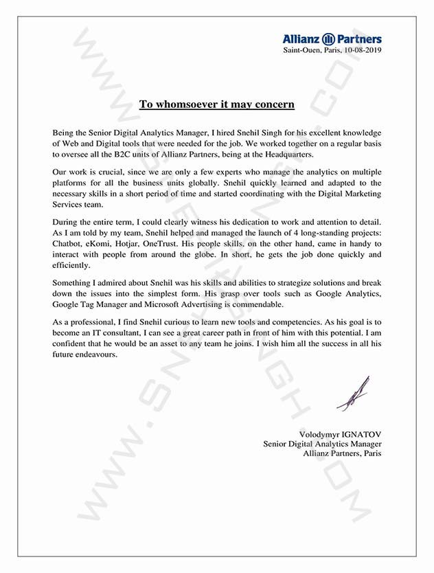 Snehil Singh Allianz Partners Recommendation Letter