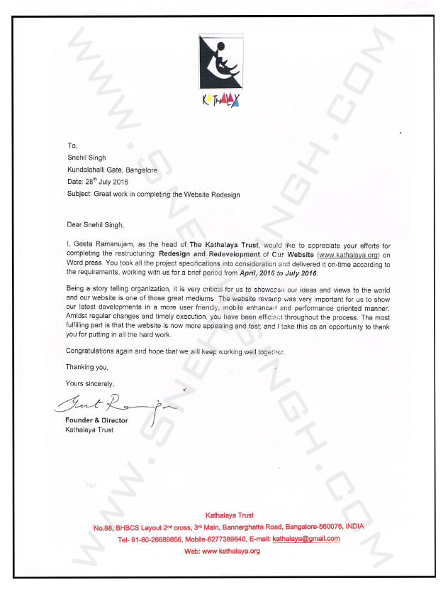 Snehil Singh Kathalaya Recommendation Letter