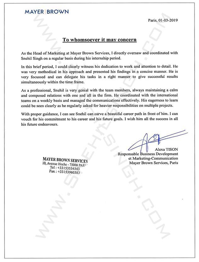 Snehil Singh Mayer Brown Recommendation Letter