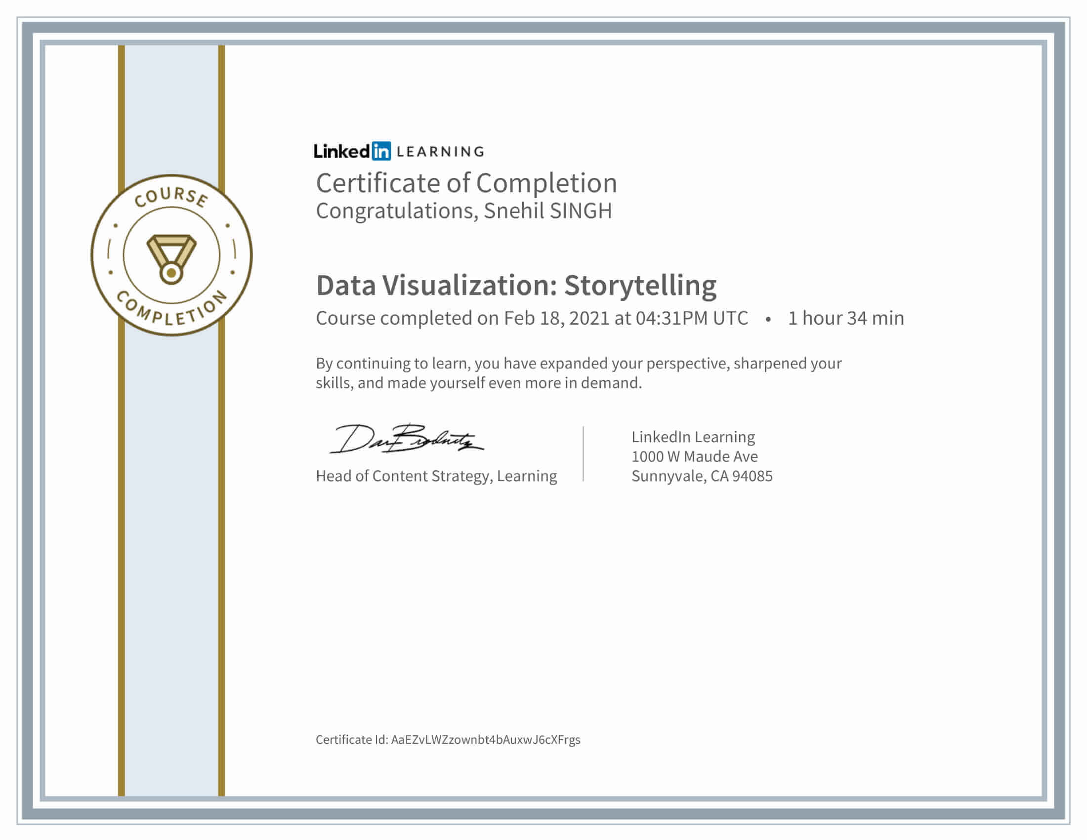 Snehil Singh Data Visualization Storytelling Certificate