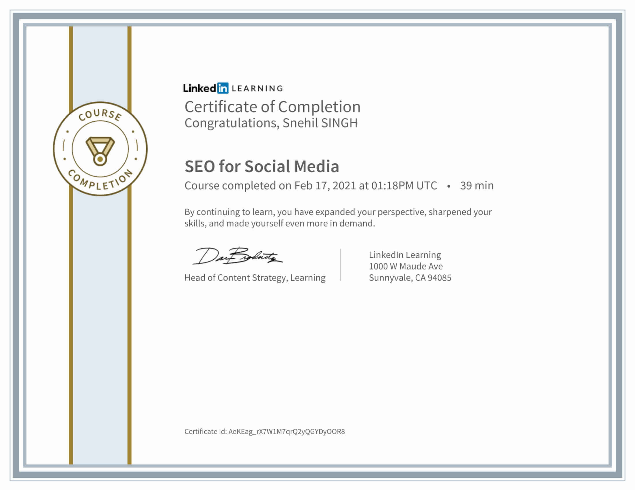 Snehil Singh SEO for Social Media Certificate