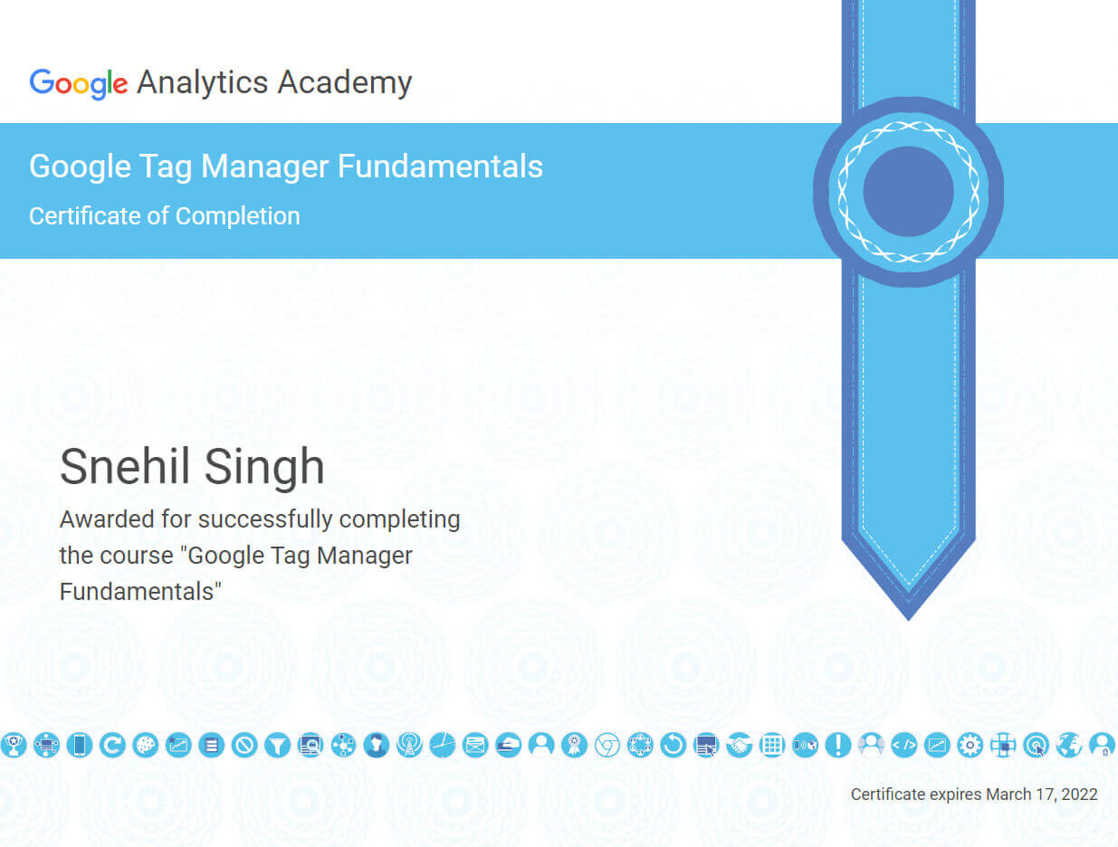 Snehil Singh Google Tag Manager Fundamentals Certificate
