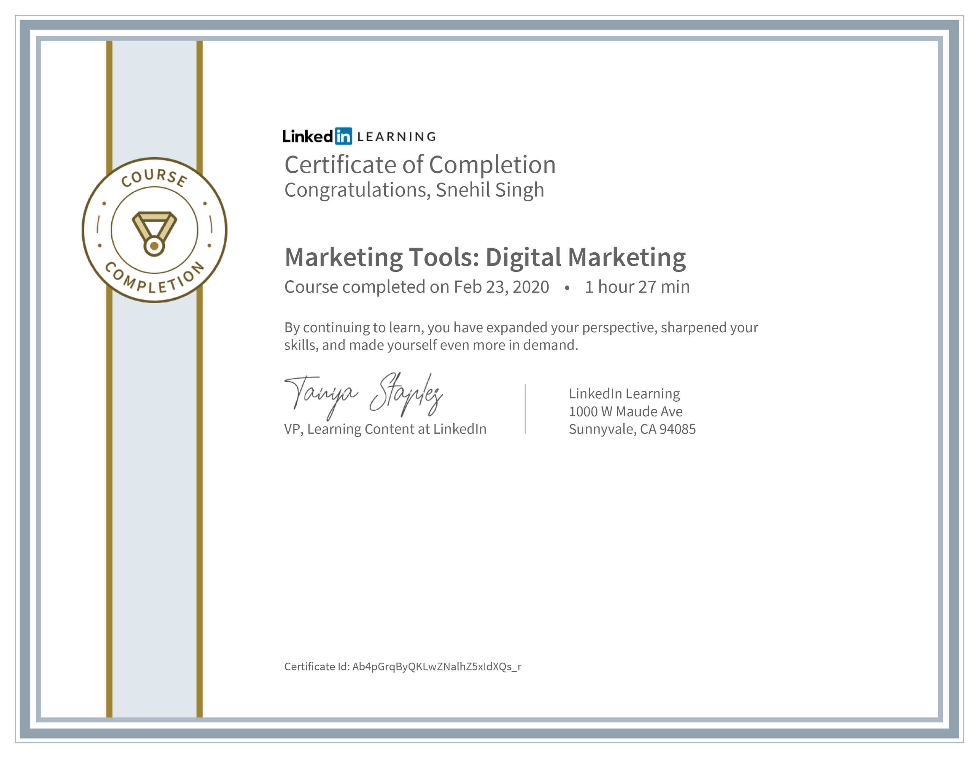 Snehil Singh LinkedIn Marketing Tools Digital Marketing Certificate