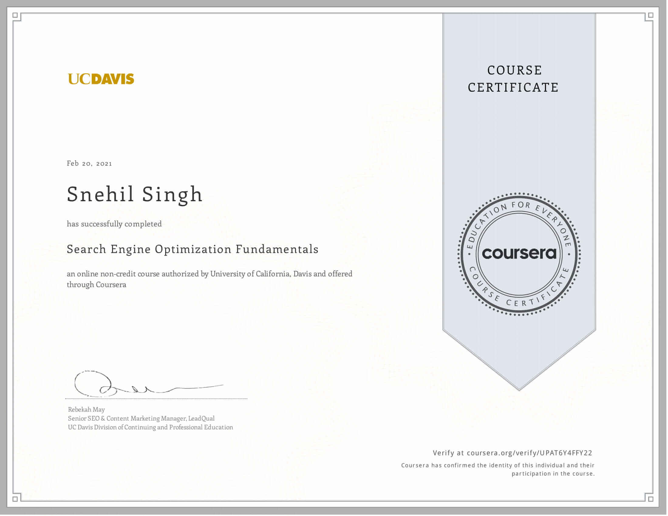 Snehil Singh SEO Fundamentals Certificate by UC Davis