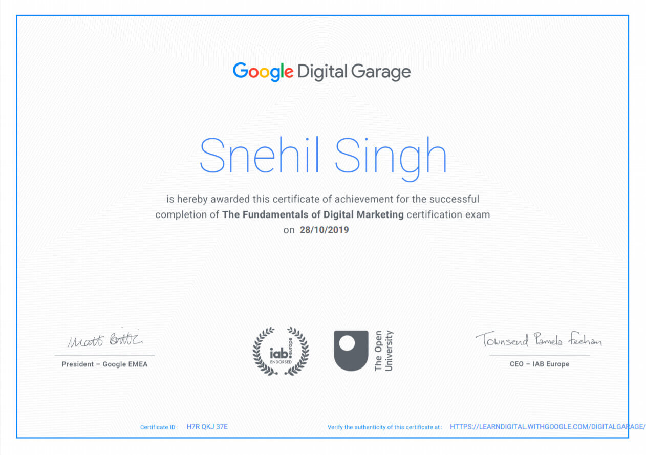 Snehil Singh The Fundamentals of Digital Marketing Certificate